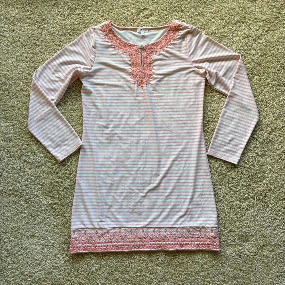 Cabana Life Coral Stripe Embroidered Cover Up Dress Size L NWT UPF Swim Tunic - Picture 2 of 8